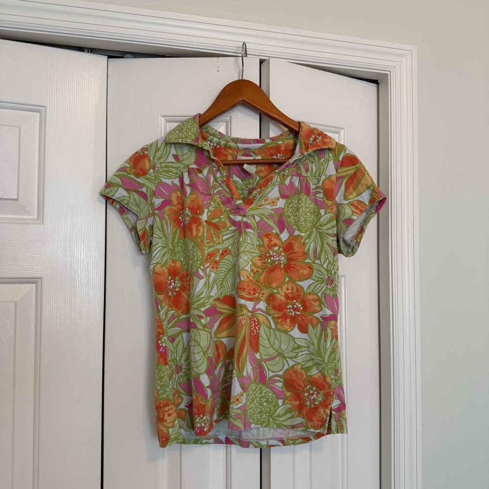 Floral Print Women's Top - Green and Orange